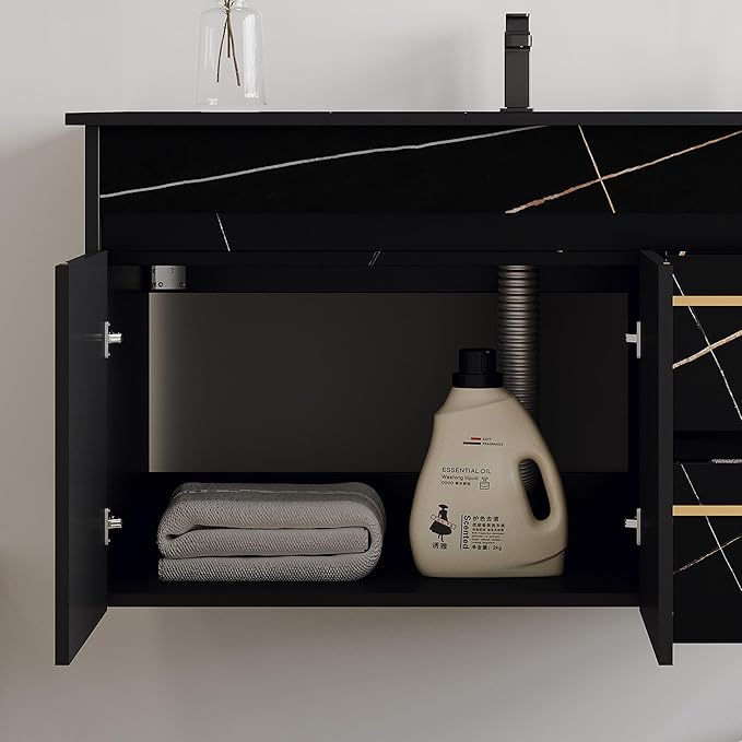 Goujxcy 35.4" Wall Mounted Bathroom Vanity with Sink, Modern Floating Bathroom Cabinet with Ceramic Sink & 2 Drawers, Wood Hanging Bath Room Cabinet with Soft-Close System (Black)