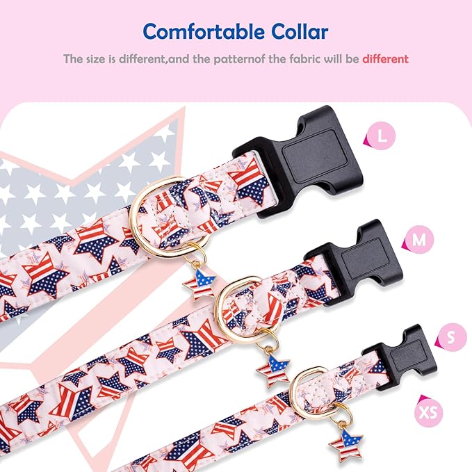 Faygarsle Cotton Dogs Collar Cute 4th of July Independence Day Dog Collars Pink Blue American Flag Star Patterns Dog Collarfor Girl Female Boy Male Small Medium Large Dogs L