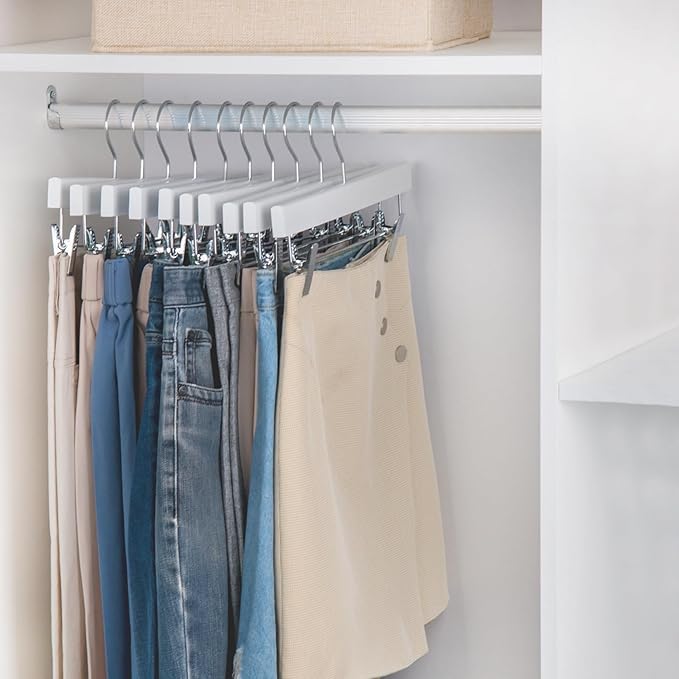 Nature Smile Deluxe Wooden Pants Hangers, Solid Lotus Wood, with Clips, Pack of 28, White