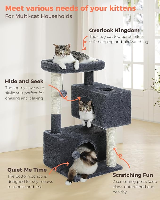32" Cat Tree Tower for Indoor Cats - 2 Cozy Condos, Multi-Level Cat Scratching Posts with Sisal, Soft Padded Perch, 2 Dangling Toys, Dark Grey