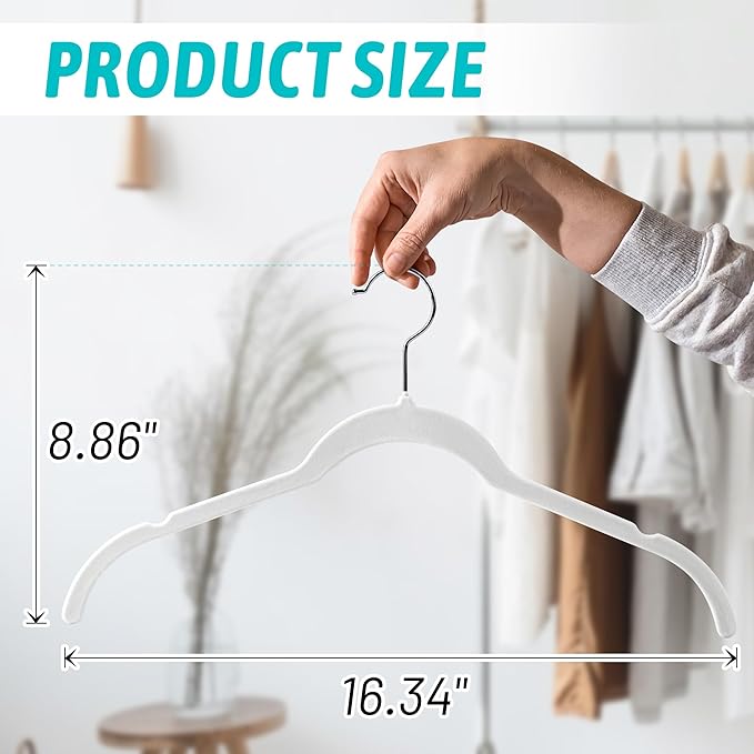 Premium Velvet Shirt Hangers 50 Pack, Non-Slip 360° Swivel Hook Slim Felt Hanger, Space Saving Flocked Hangers for Tank Tops, Blouses, Strappy Dresses(White)