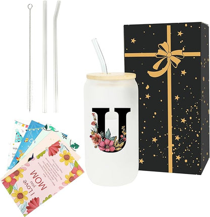 Monogrammed Glass Drinking Cup With Lid Straw Personalized Customized Post Cards Gift Auntie Titi Son Girlfriend Brother Work Police Wife Bachelorette College Students Cowgirl Soul Best Sister,U