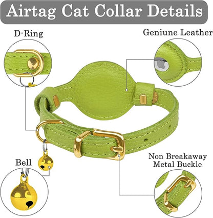 OOPSDOGGY Leather AirTag Cat Collar with Bell - Non Breakaway Kitten Collar with Apple Air Tag Holder - Lightweight GPS Pet Collars for Girl Boy Cats, Small Dogs, Puppies (Lime Green)