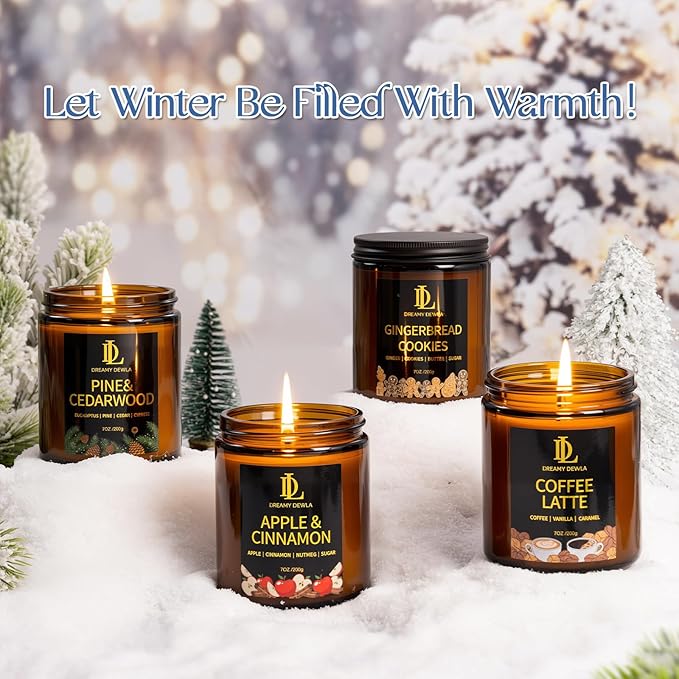 Winter Candle Set, Candles for Home Scented, 4 Pack Soy Candles for Holiday, Holiday Candle Gifts for Women Men, Winter Scents of Gingerbread Cookies/Apple & Cinnamon/Coffee Latte/Pine & Cedarwood