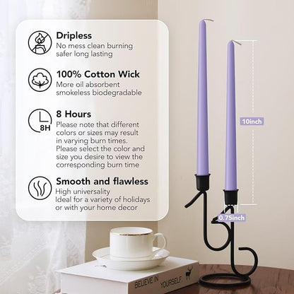 New Burning Formula Unscented Dripless 10-Inch Taper Candles Set of 12 - Lavender, for Wedding, Dinner - Smokeless, Long Burning - Hand Poured, Colored Tall Candlesticks - Lavanda
