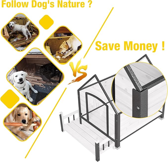 Dog House Outdoor,Dog Kennel Outside for Large Breed,Weatherproof Large Dog Shelter with Anti-Chewing Iron Frame (White-N, 45" D x 32.9" W x 32.6" H)