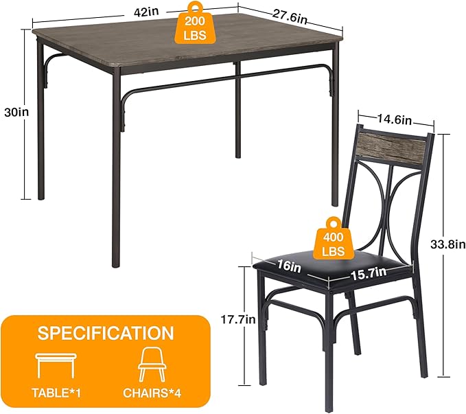 VECELO 5-Piece Dining Table Set for Home Kitchen Small Space Breakfast Nook, 4 Faux Leather Metal Frame Chairs,Rustic Brown,Set for 4
