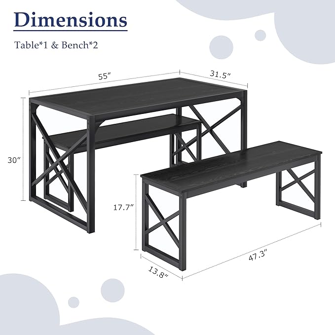 VECELO Kitchen Dining Table Benches Set for 4, 55" Wooden Dinette with 2 Benches, Heavy-Duty Dining Room Table for Small Space, Breakfast Nook, Black