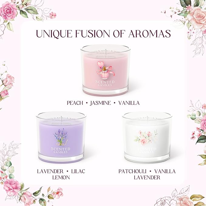 Scented Candles, Scented Candle Gift Set for Stress Relief, 3 Votive Candles for Women and Men, Birthday Candle Gifts for Women, Christmas Candles for Women (Pink + Purple + White, 7 oz)