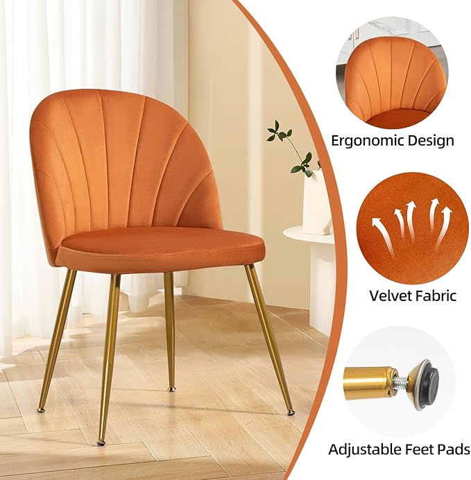 Velvet Dining Chairs Set of 2, Upholstered Mid Century Modern Dining Chairs, Armless Accent Chair with Metal Gold Legs for Living Room, Kitchen, Dining Room, Orange