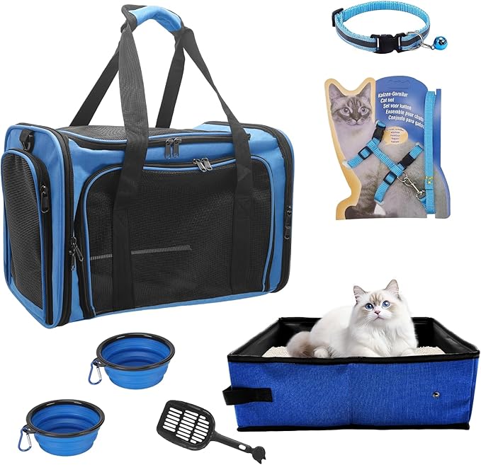Cat Carrier Soft-Sided & Foldable Travel Litter Box for Cats, Fit for Pet Up to 20Lbs, 17.7' * 11.8 * 11.8 inches Cat Bag for Traveling & Camping, Indoor & Outdoor, Pet Carrier Kit - Blue