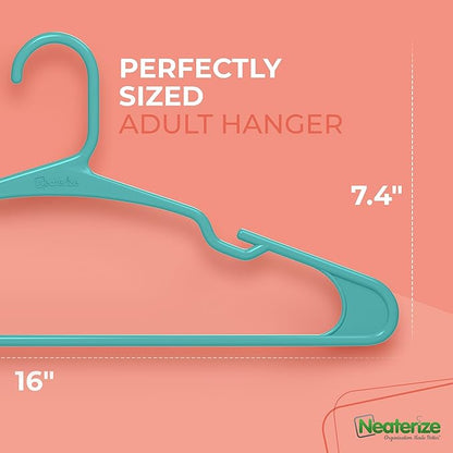 NEATERIZE Clothes Hangers Plastic 100 Pack for Adults - Plastic Hangers, The Perfect Coat Hanger and Space Saving Clothes Hangers for Closet, Percheros Ganchos para Colgar Ropa Hangars - Aqua Hangers