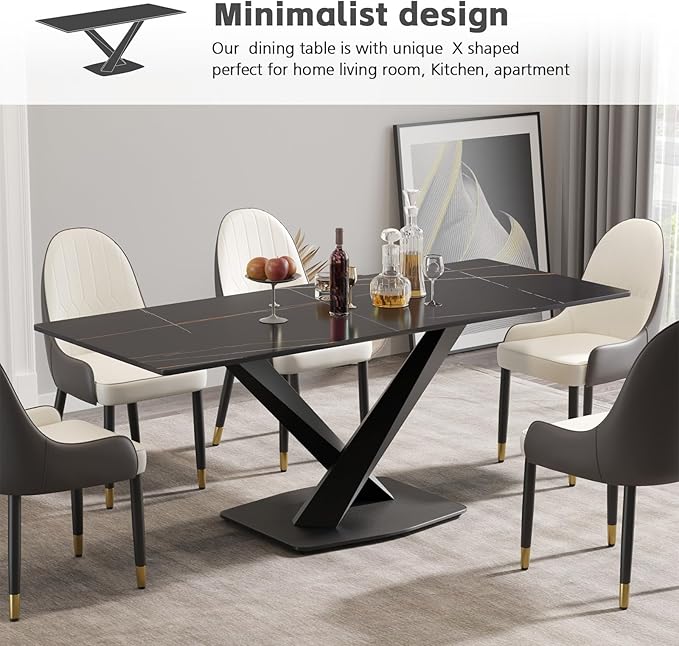Modern Rectangle Marble Dining Table for 6,63" Black Marble Sintered Stone Top Dining Table,Rectangle Marble Dining Room Table with X-Shape Carbon Steel Pedestal for Kitchen/Living Room(Table Only)