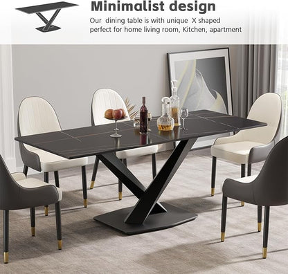 Modern Rectangle Marble Dining Table for 6,71" Black Sintered Stone Top Dining Table,Rectangle Dining Room Table with X-Shape Carbon Steel Pedestal for Kitchen/Living Room(Table Only)