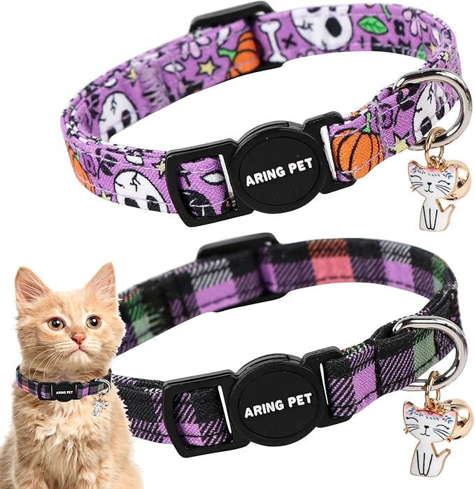 ARING PET 2 Pack Cat Collars-Cute Cat Collar Breakaway with Bell & Pendant, Adjustable Purple Halloween Kitten Collars with Safety Buckle for Girl and Boy Cats