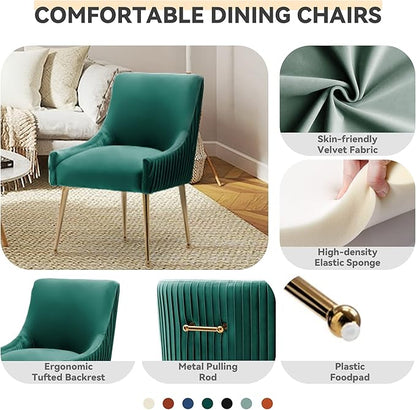 Dining Chairs, Accent Chairs Set of 2, Modern Upholstered Kitchen Dining Room Chairs with Gold Legs, Fabric Tufted Velvet Living Room Chairs for Reception Room Bedroom Guest Room (Deep Green)