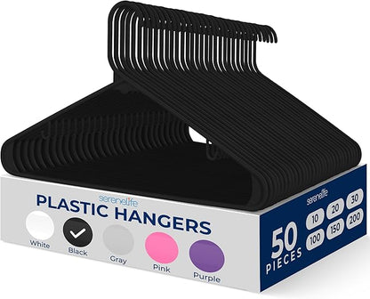 SereneLife 50 Pack Plastic Hangers, Non-Slip, Space-Saving Closet Organizers, Durable and Strong for Shirts, Sweaters, Hoodies, Kids Clothes & Dresses, Ultra-Thin, Lightweight