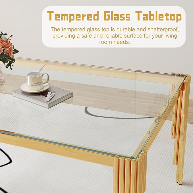 5 Piece Glass Dining Table Set, Modern 63" Rectangle Glass Kitchen Table with 4 White Velvet Upholstered Chairs, Gold Dining Table for 4 with Chairs Set for Kitchen, Living Room