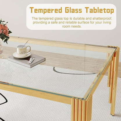 5 Piece Glass Dining Table Set, Modern 63" Rectangle Glass Kitchen Table with 4 White Velvet Upholstered Chairs, Gold Dining Table for 4 with Chairs Set for Kitchen, Living Room