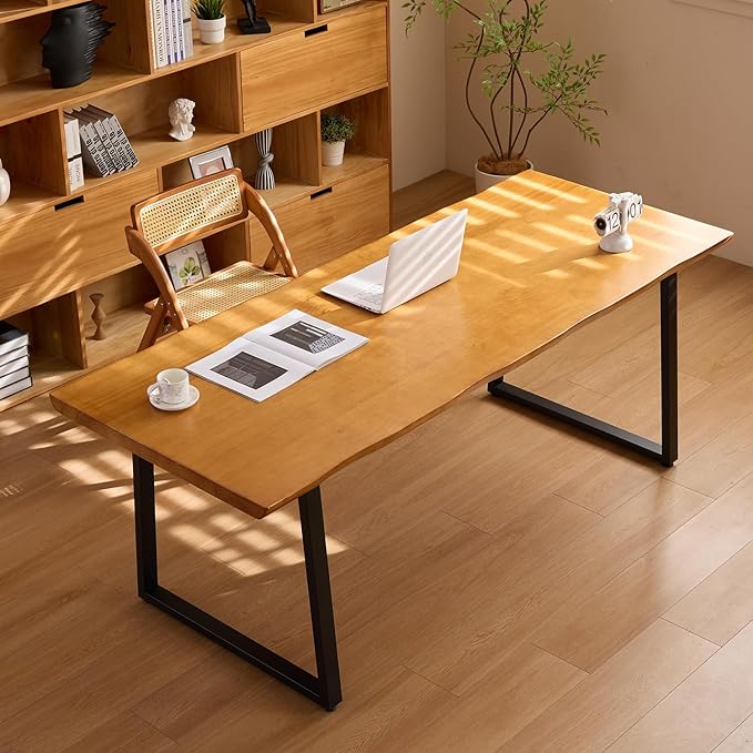 Solid Wood Administrative Computer Desk - Rustic Style Large Office Desk, Modern Minimalist Workstation for Home, Ideal for Learning, Writing, and Professional Use (Dark Yellow, 70.87in)