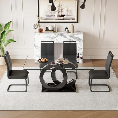 63'' Glass Dining Table Set for 4, Kitchen Table Chairs Set of 4, Clear Glass Dining Table with Black unique design Leg and Silver Metal Base, 4 PU Dining Chairs with Metal Legs, Living Room, Kitchen.