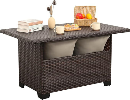 46 Inches Outdoor Coffee Table with Storage Wicker Patio Table Outdoor Dining Table with Glass Tabletop, Brown