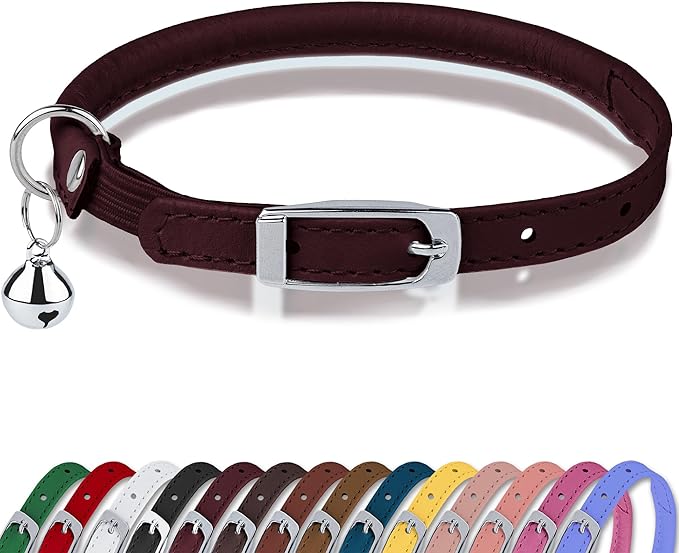 OOPSDOGGY Rolled Leather Cat Collar with Bell, Reflective Kitten Collars with Buckle Include Safety Elastic Strap - Adjustable Small Pet Collars for Boy Girl Cats (Burgundy)