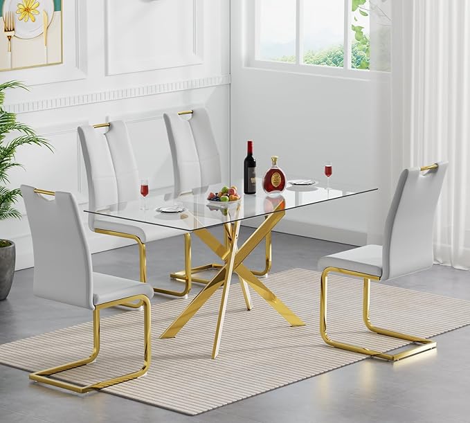 Goujxcy Gold Dining Table Set for 4, Glass Kitchen Table with Chair Set, Modern 51" Rectangle Glass Dining Table and 4 Grey PU Leather Chairs with Metal Frame for Kitchen Dining Room