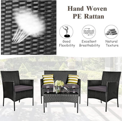 Tangkula 4 Pieces Patio Furniture Set, Outdoor Wicker Conversation Set with Tempered Glass Tabletop, Rattan Sofa and Chairs Set with Off White & Grey Cushion Covers