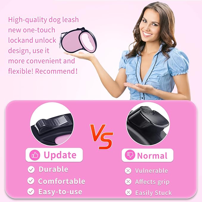 Retractable Dog Leash,[Strong Nylon Tape][One-Handed One Button Lock] for Small Medium Dogs and Cats,16ft Pet Walking Leash with 360°Tangle-Free Design,Anti-Slip Handle,Gift Package (Pink)