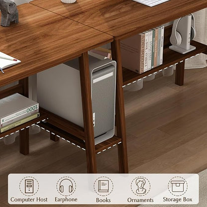 2-Person Writing Desk with Bookshelf - 94" Wooden Extra Long Home Office Work Table, Double Study Computer Workstation with Storage Shelves in White, 94" W x 24" D