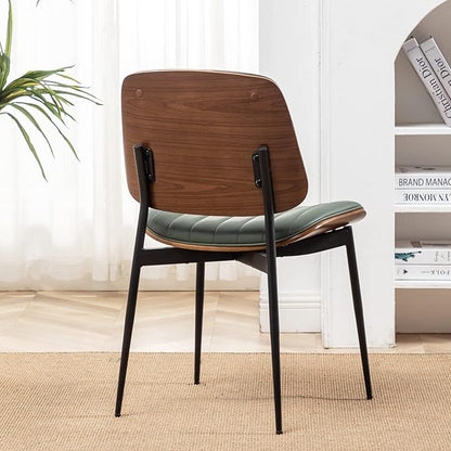 LUNLING Dining Chairs Set of 2 Mid Century Modern Retro Faux Leather Chair with Walnut Bentwood Upholstered Seat Metal Legs Chairs,Adjustable Foot for Kitchen Dining Room Chairs(Green)