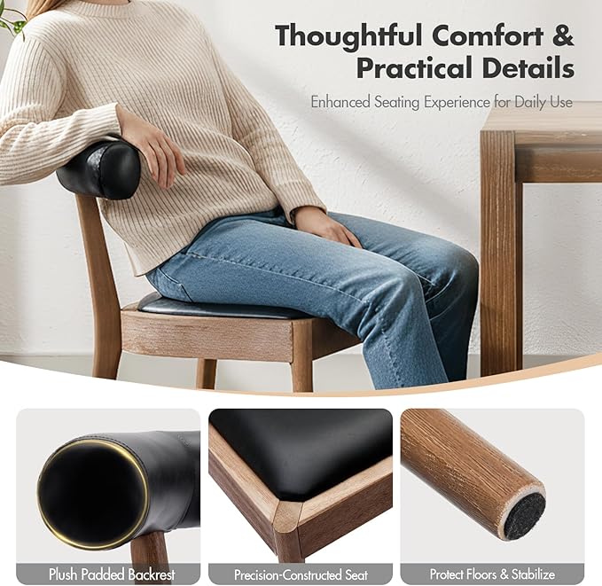 Kmax Dining Room Chairs Mid-Century Modern Leather Kitchen Chairs with Natural Walnut Finished Frame, PU Curved Back, Set of 4, PU Black