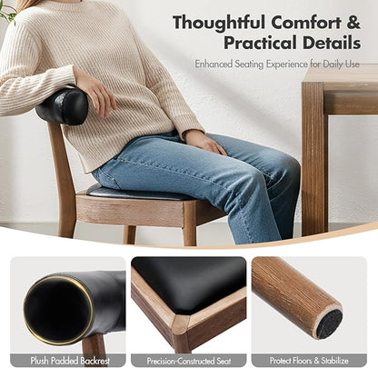 Kmax Dining Room Chairs Mid-Century Modern Leather Kitchen Chairs with Natural Walnut Finished Frame, PU Curved Back, Set of 6, PU Black