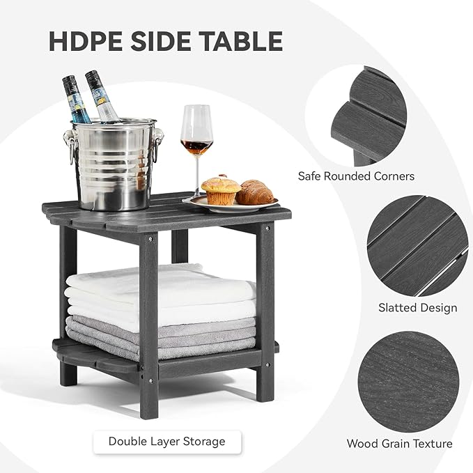Small Outdoor Side Tables Modern 2-Tier Adirondack Table Rustic End Table HDPE Storage Shelf Industrial Corner Rectangle Coffee Table for Patio Garden Balcony Backyard Pool Farmhouse Home Grey