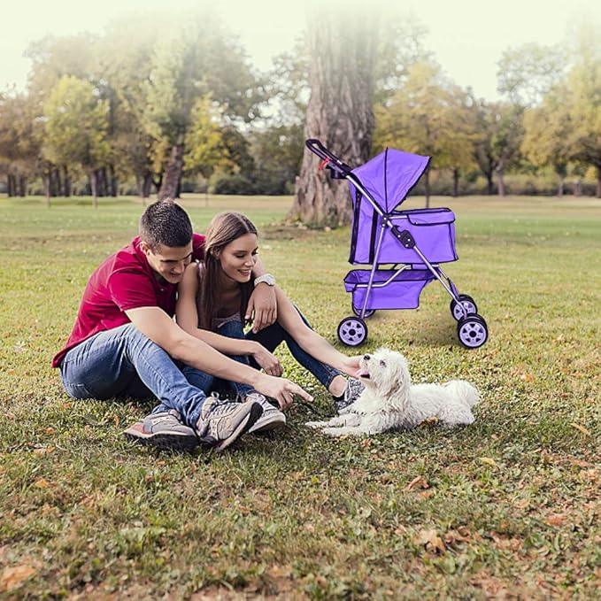 4 Wheels Pet Stroller Cat Dog Cage Stroller Travel Folding Carrier with Cup Holders and Removable Liner for Small-Medium Dog, Cat (Purple)