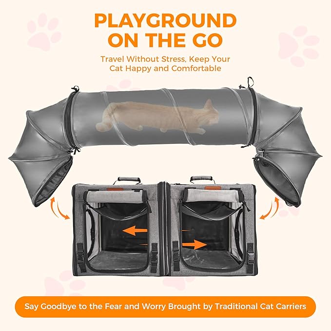 PETUX 2-in-1 Double Cat Carrier for Multiple Cats - Large Cat Travel Carrier with Litter Box, Play Tunnels, and Hammock - Portable Pet Carriers for Long Car Trips ＆ Vet Visit (34"x17"x17", Grey)