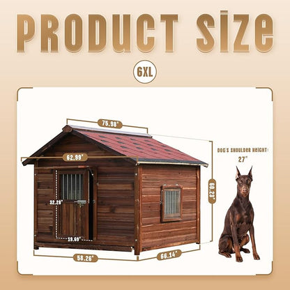Extra Large Dog House Outdoor Made of Solid Pine Wood, Warm Doghouse, Dog House with Elevated Floor for Large Dogs, (Wood, 6XL)