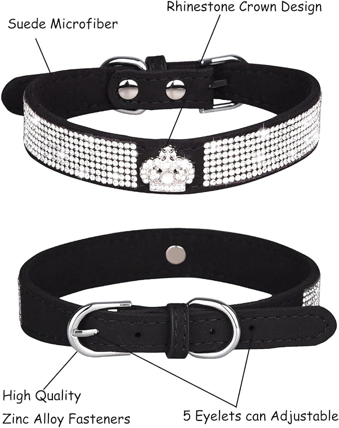 Bling Dog Collar for Small Medium Large Dogs, Crown Rhinestone Dog Collars for Girl and boy Dog, Diamond Puppy Collars, Adjustable Leather Suede SOFE Cat Collar (L(15"-18.1"/38CM-46CM), Black)