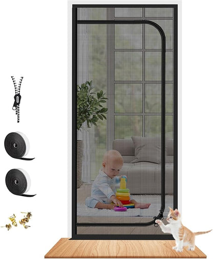 Upgraded Reinforced Pet Screen Door Thickened Cat Resistant Mesh Screen Door for Living Room, Bedroom, Patio, Dog Cat Scratch Proof Screen with Zipper Closure (Fits Door Size up to 36''x 82'', Black)