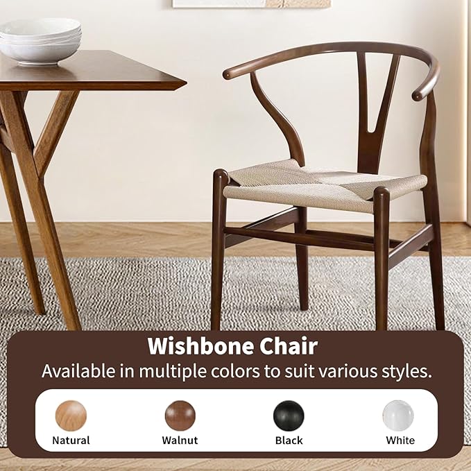 Wishbone Chair Natural Solid Wood Dining Chair/Hans Vegner Y Chair Rattan and Wood Accent Armrest Chairs Set of 1 (Ash Wood - Walnut)