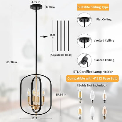 Black and Gold Chandelier Light Fixture, 4-Light Dining Room Chandelier Over Table Farmhouse Rustic Small Entryway Chandeliers Island Pendant Lights for Kitchen Entryway Foyer Living Room