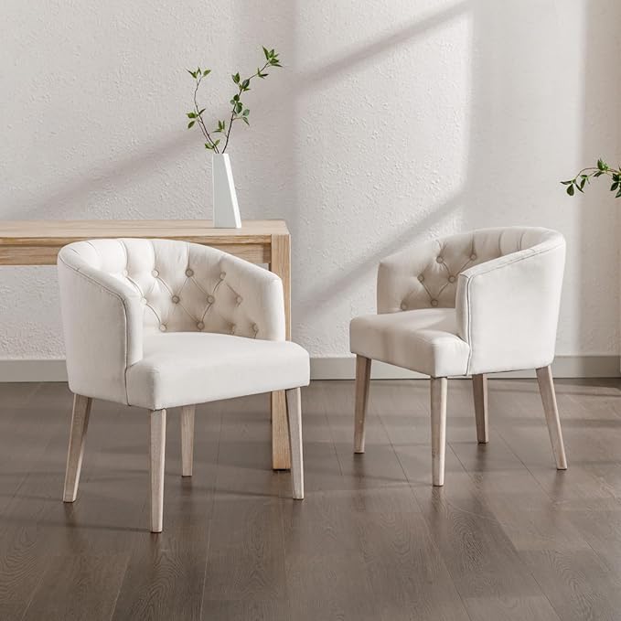 HEAH-YO Modern Dining Chairs Set of 2, Tufted Dining Room Chairs with Barrel Backrests, Upholstered Linen Kitchen Chair for Dining Room, White