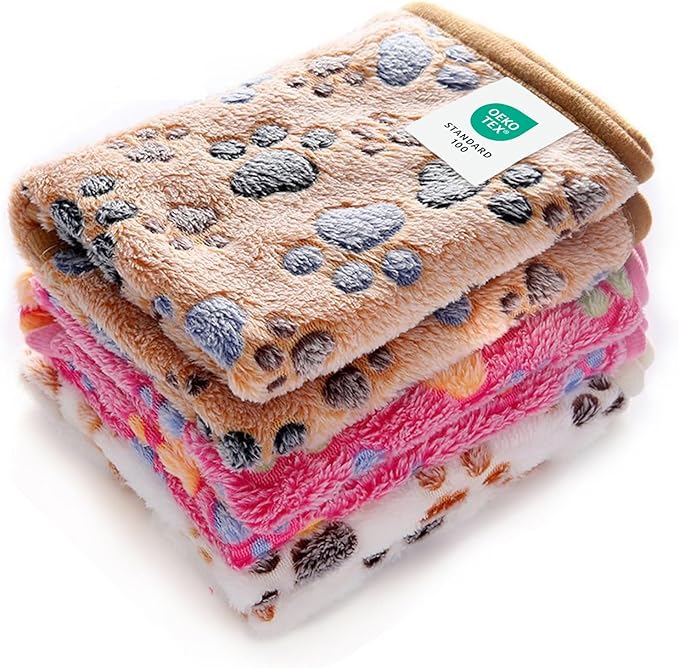 Luciphia 1 Pack 3 Blankets Super Soft Fluffy Premium Fleece Pet Blanket Flannel Throw for Dog Puppy Cat Paw Brown/Pink/White Small(23x16 inch)