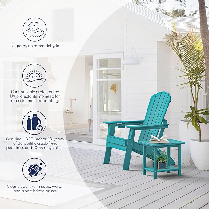 Plawdlik Folding Adirondack Chair, SGS Tested, Wooden Textured with Cup Holder, Heavy All-Weather HDPE Comfortable Set Poolside Backyard Lawn Aruba Blue Set 2