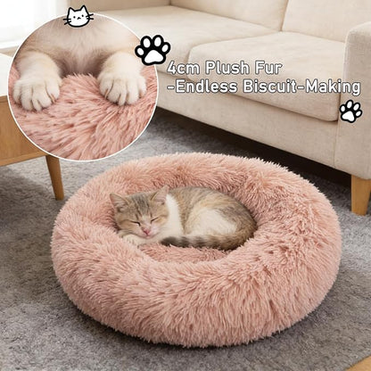 Calming Donut Dog Beds for Small Dogs Kitten - Washable Removable Cover Non-Slip Bottom, Round Pet Bed Puppy Bed Warming Fluffy Faux Fur Anti-Anxiety, Fits up to 15 lbs (Blush, 20")