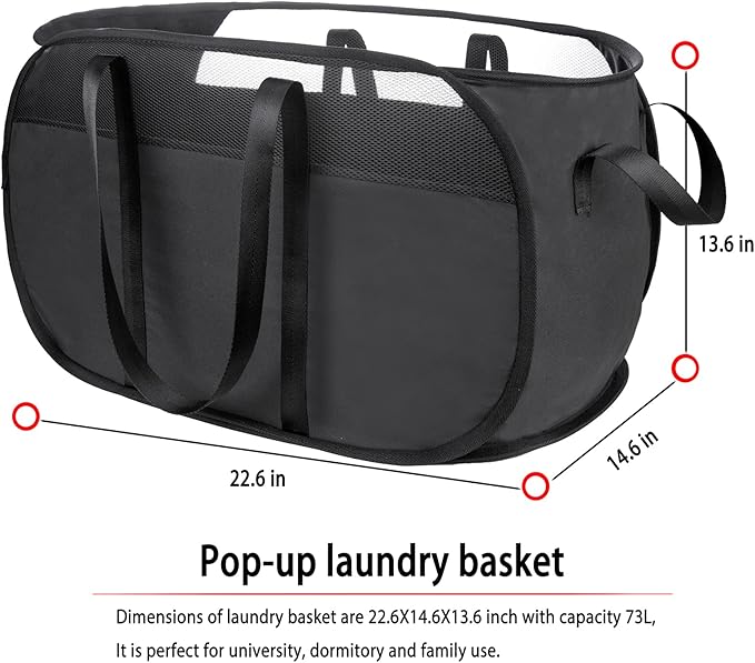 Pop Up Laundry Hamper，with Durable Handles collapsible laundry basket，Easy to Open and Fold for college Dorm,kids room，travel (black+gray)…