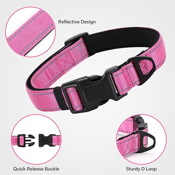 Reflective Dog Collar with Quick Release Buckle - Metal Ring - Adjustable Soft Neoprene Padded Basic Dog Collar for Small Medium Large Dogs (Hotpink, Small :Width 1",Neck 11.8-15.7")