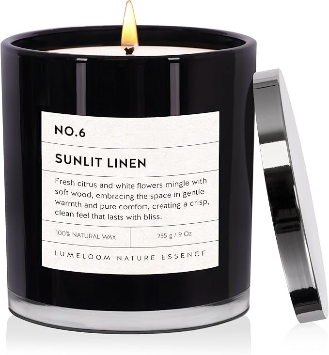 Sunlit Linen Luxury Scented Candles, 9oz Soy Wax Candles for Home Scented, Linen, Jasmine, White Lemon, Wood Scent, Long Burning Time, Christmas Gifts for Women, Friends, Men, Housewarming