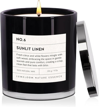 Sunlit Linen Luxury Scented Candles, 9oz Soy Wax Candles for Home Scented, Linen, Jasmine, White Lemon, Wood Scent, Long Burning Time, Christmas Gifts for Women, Friends, Men, Housewarming